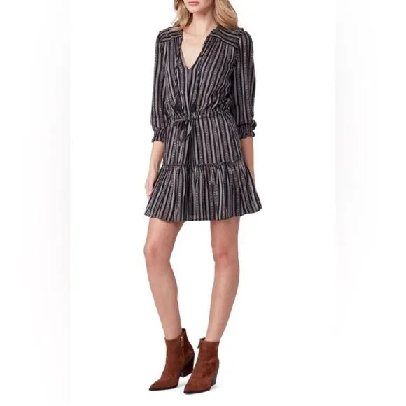 Paige Kaylynn Mini Black Multi Dress Striped Pleated V-Neck Blouse Size S - Picture 6 of 12